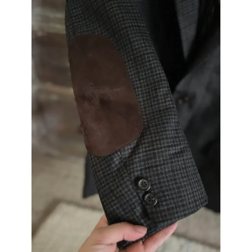 Men’s Stafford Herringbone Plaid Blazer Elbow Patch Wool Classic 42S Brown Navy